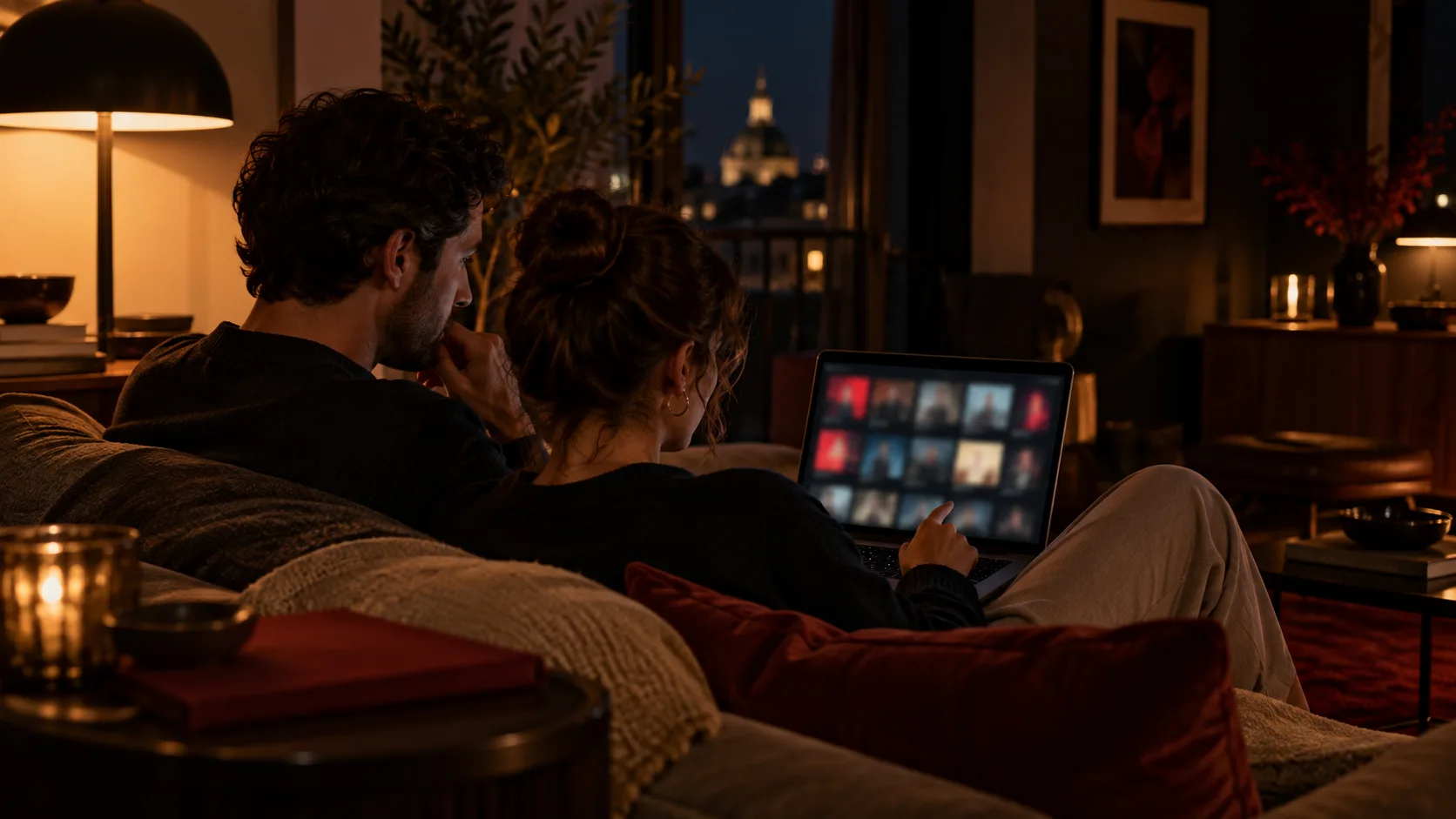 Una pareja elige una próxima sesión de cine en casa