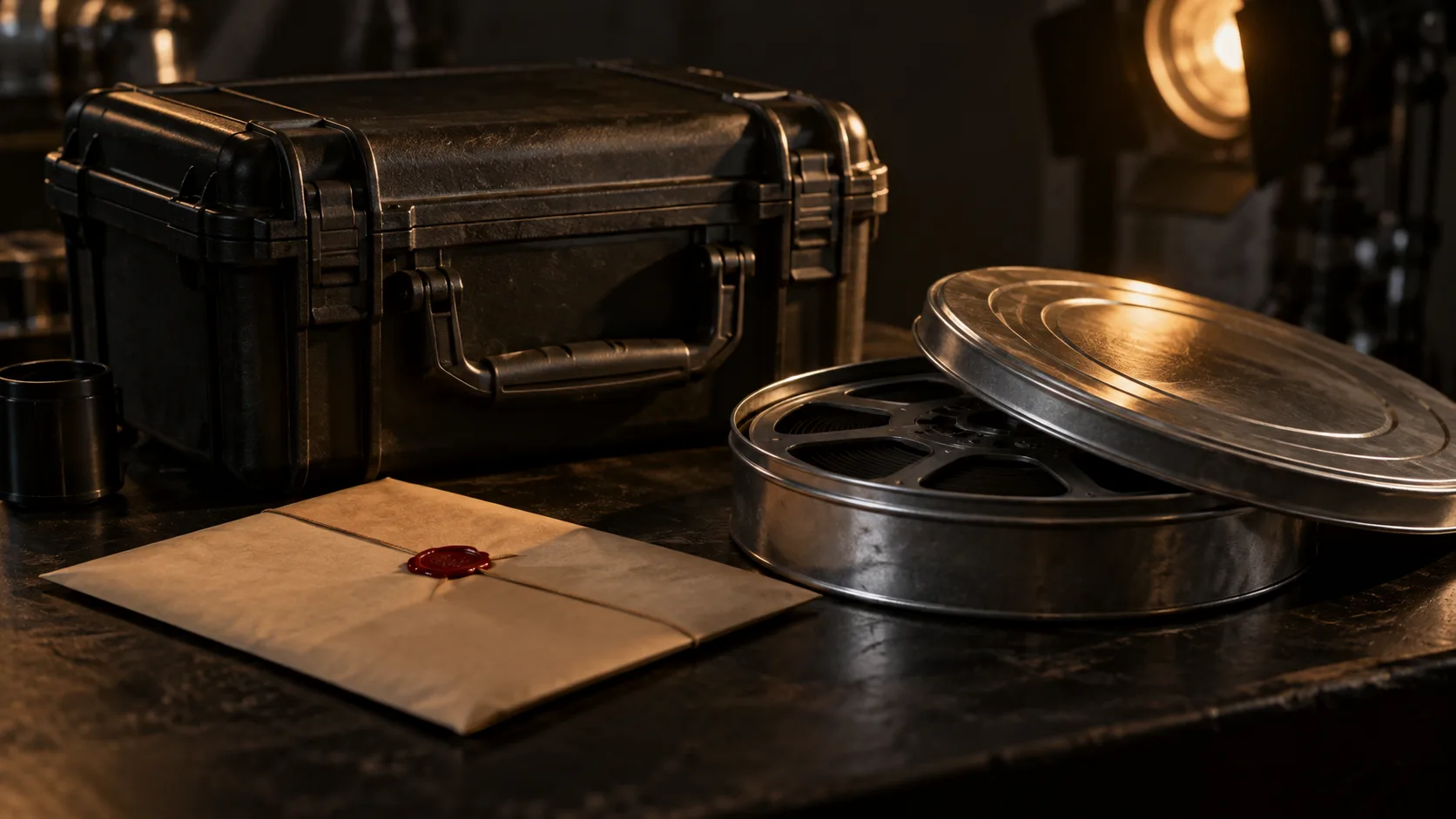 Material cinematográfico protegido en una mesa de trabajo