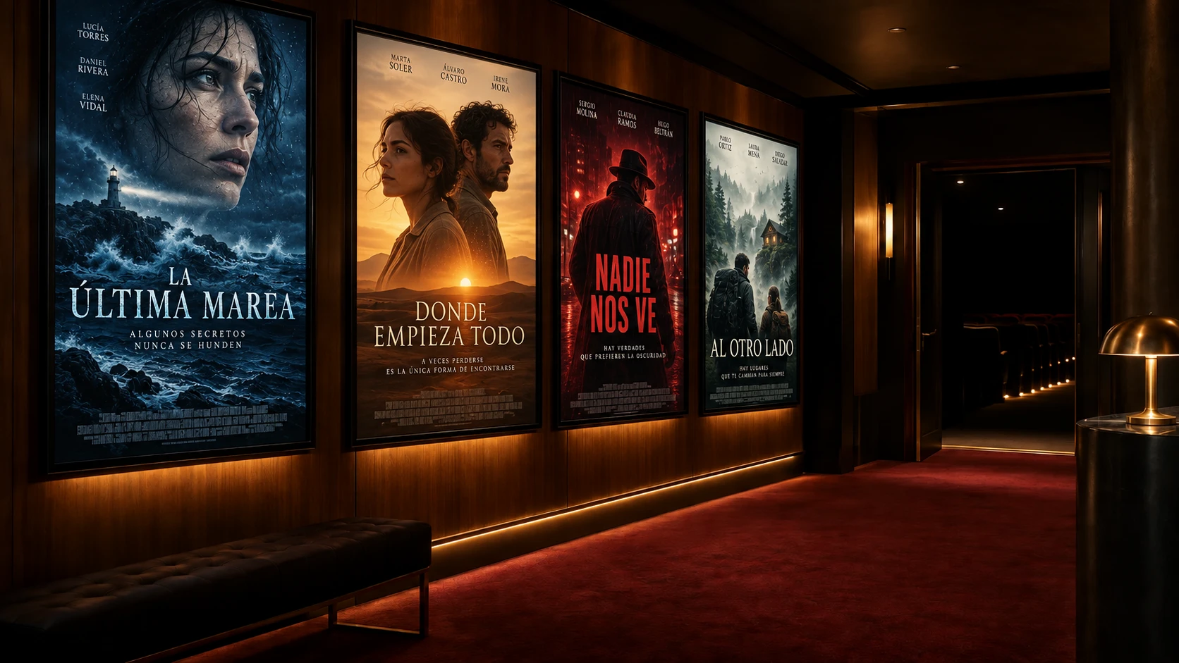 Cuatro carteles cinematográficos ficticios con títulos, personajes y créditos en un vestíbulo de cine