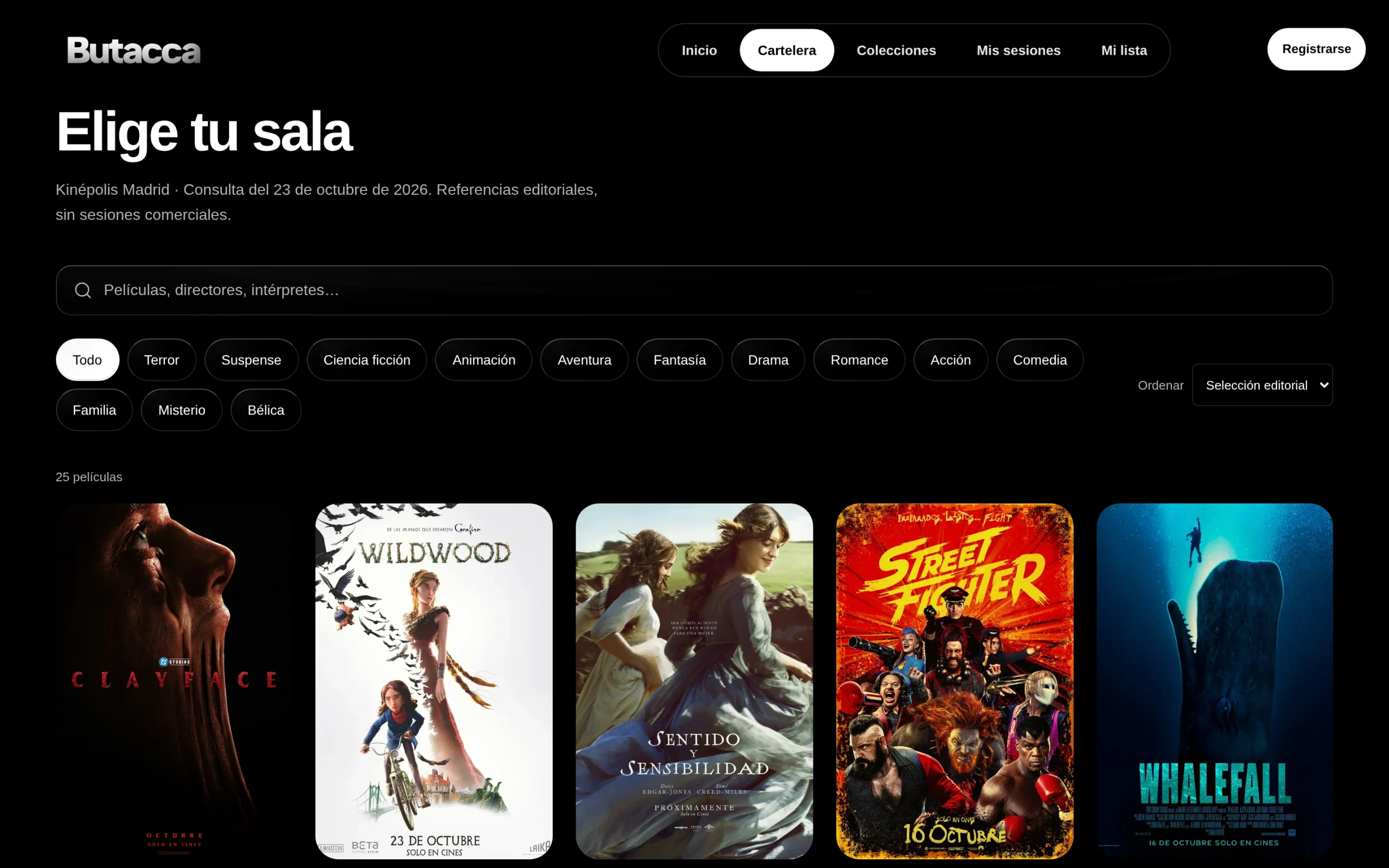 Cartelera actual de la demo web de BUTACCA