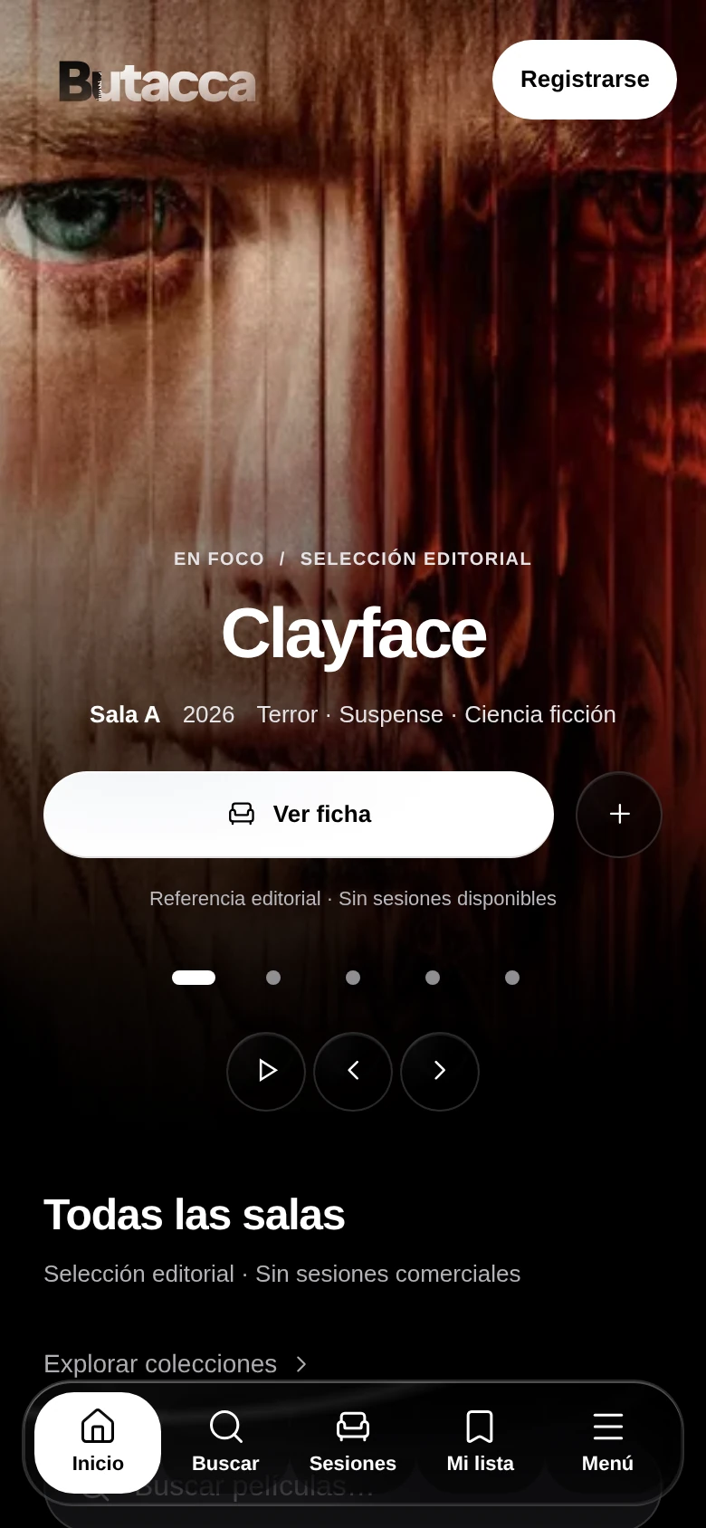 Captura real de la demo de BUTACCA en el navegador móvil, con la cartelera actual